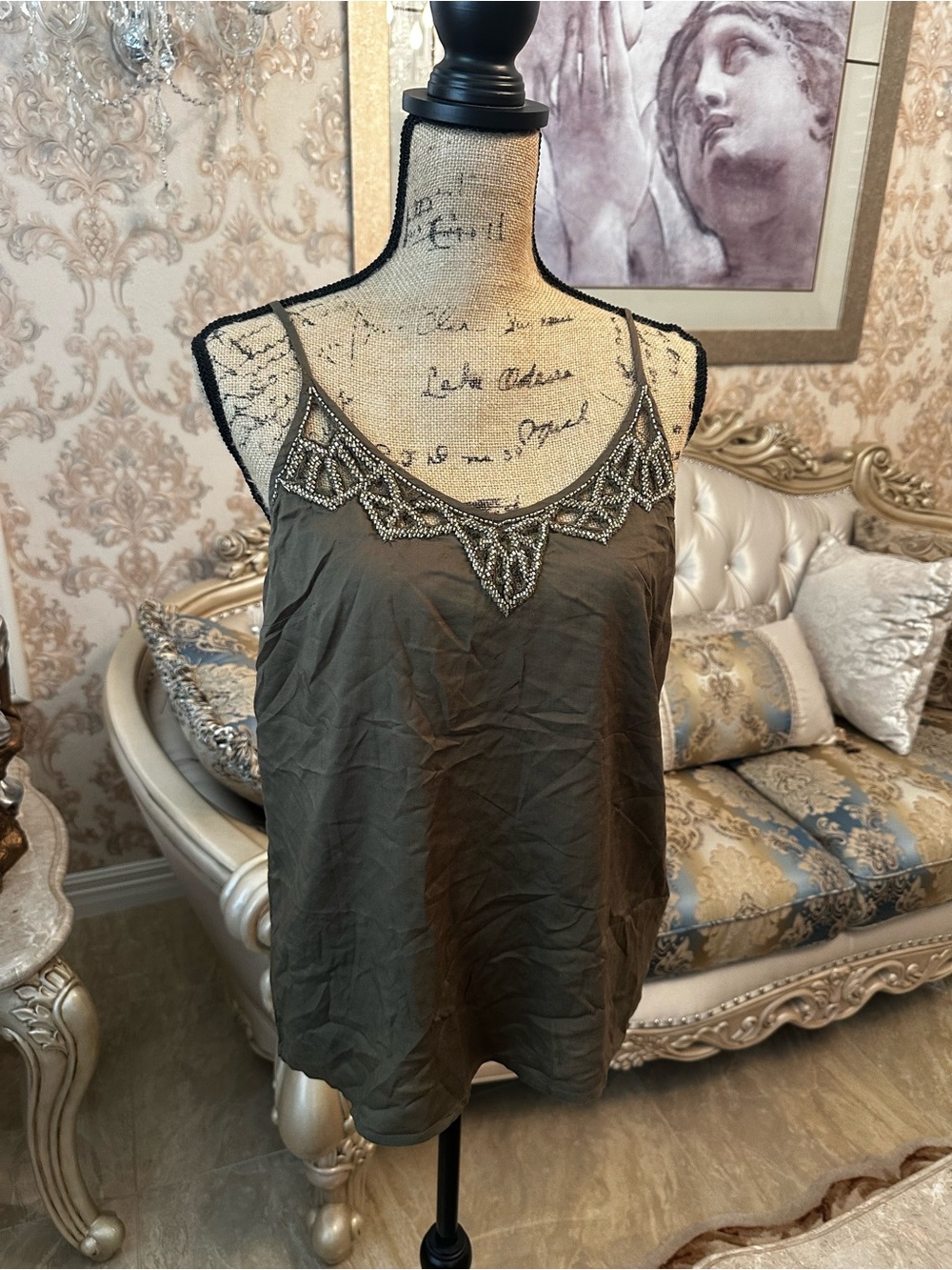 Guess Olive Green Beaded Spaghetti Strap Cami